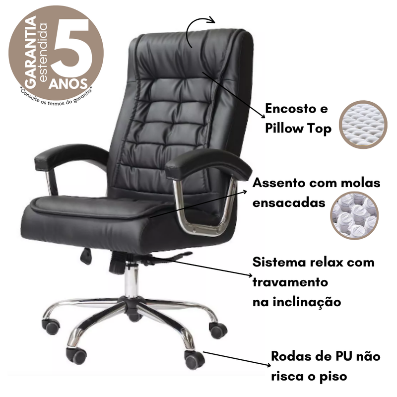 CADEIRA PRESIDENTE VT-3921 ACOLCHOADA PRETA