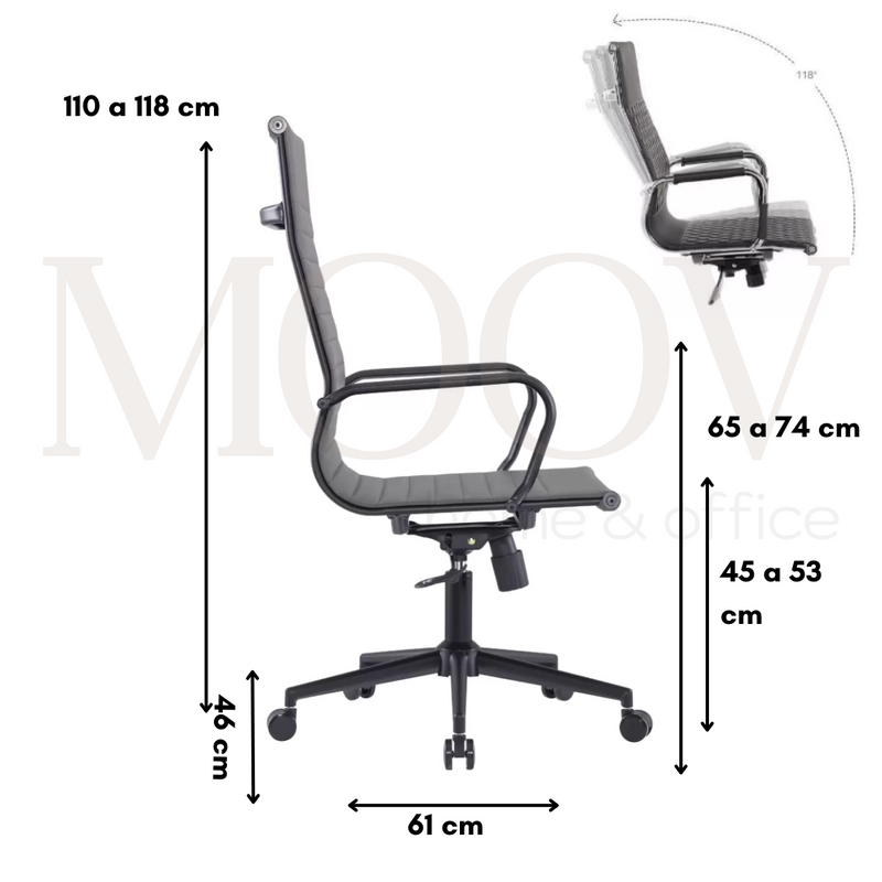 CADEIRA EAMES ALTA PU CINZA ESTUTURA PRETA BASE RODIZIO