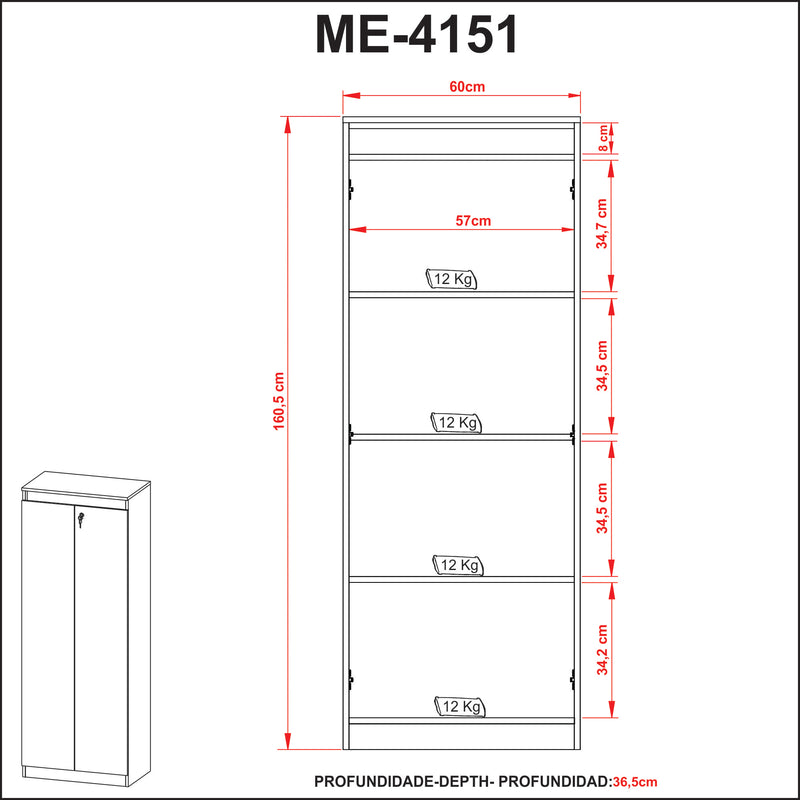 Armário Alto com 2 Portas para Escritório ME4151 Amêndoa/Preto