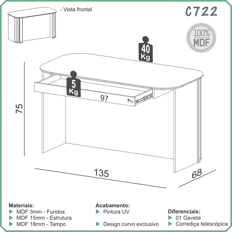 MESA ESCRITORIO RIPADA 135CM C/01 GAVETA - FREIJO/PRETO FOSCO