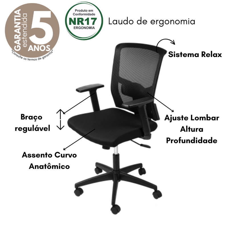 CADEIRA VT-3909 GIR TECIDO PRETA BASE NYLON