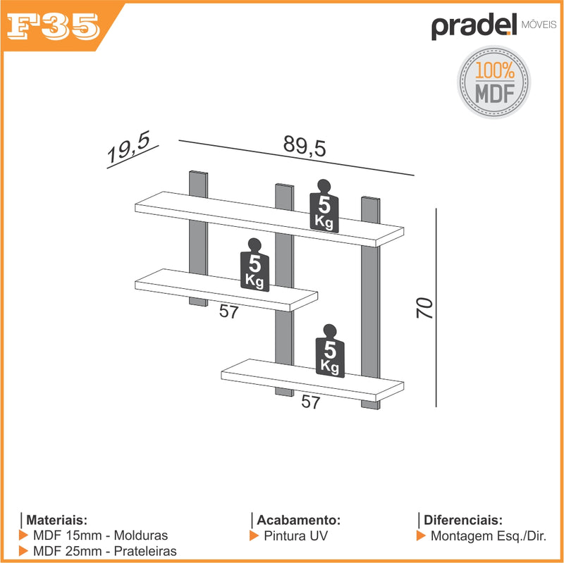 NICHO C/3 PRATELEIRAS IINDUSTRIAL 89,5CM X 70CM - FREIJO/PRETO FOSCO