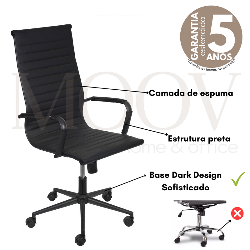 CADEIRA EAMES ALTA PU PRETA ESTRUTURA PRETA BASE RODIZIO