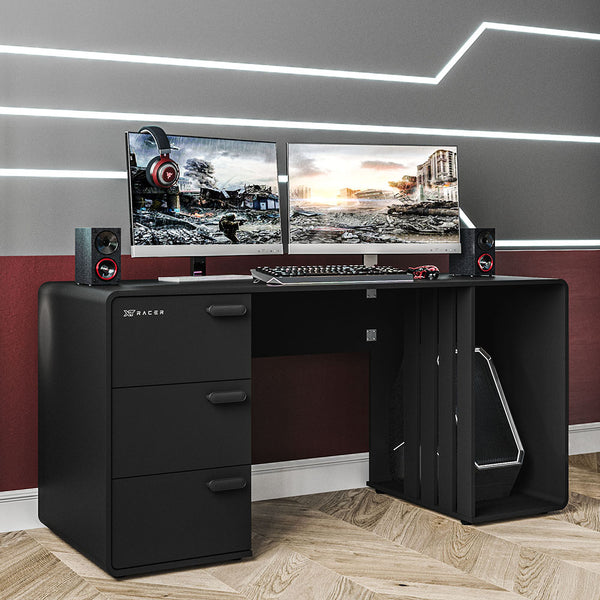 Mesa Gamer e Escritório Home MDP Preto BP XT Racer Logo Prata