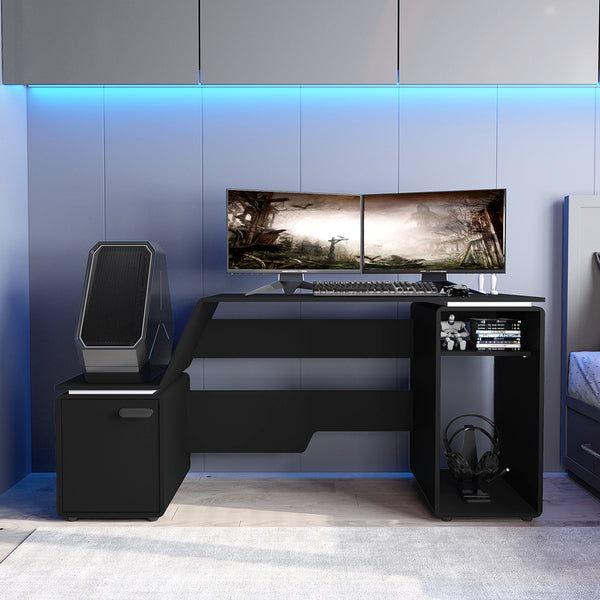 Mesa Gamer e Escritório Space One MDP Preto BP XT Racer Logo Branco