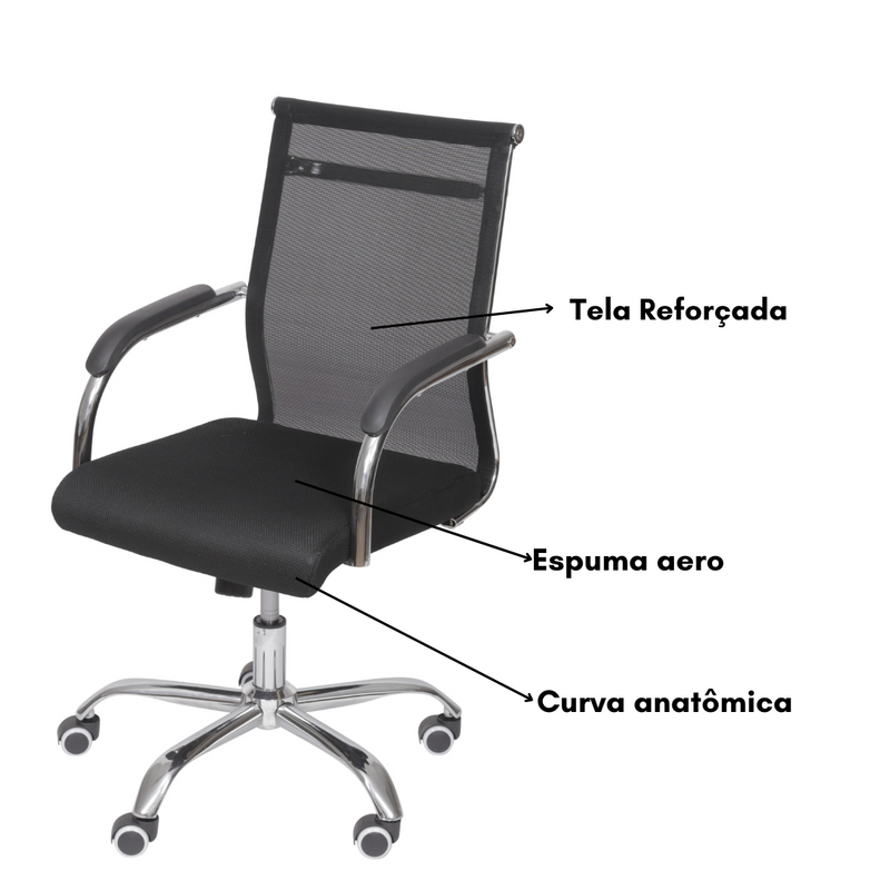 CADEIRA VT-2287 GIR BAIXA PRETA ASSENTO P.U. ENCOSTO TELA BASE CROM