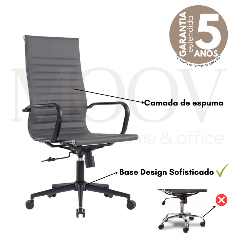 CADEIRA EAMES ALTA PU CINZA ESTUTURA PRETA BASE RODIZIO