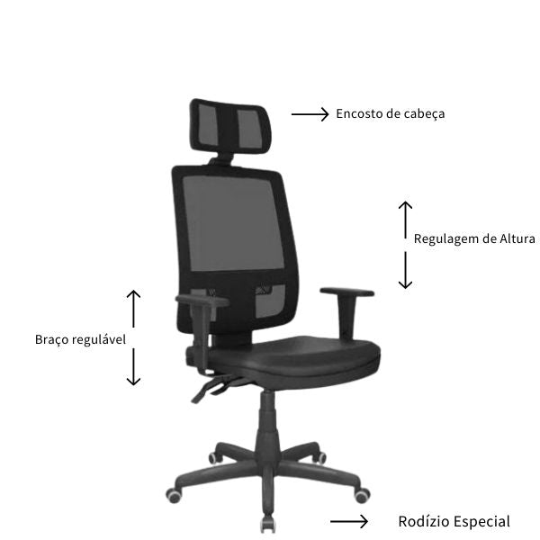 Cadeira de escritório Presidente giratória Brizza Tela back system com apoio de cabeça